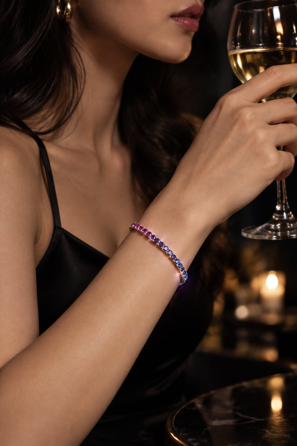 The Rainbow Tennis bracelet worn on the wrist