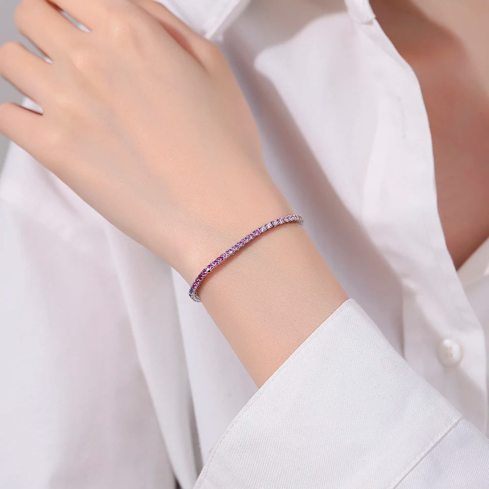 The Silver Tennis bracelet worn on the wrist
