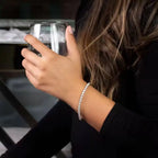 The Tennis Silver bracelet worn on the wrist